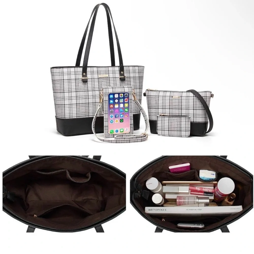4Pcs Plaid Tote Bag Set with Black Accents